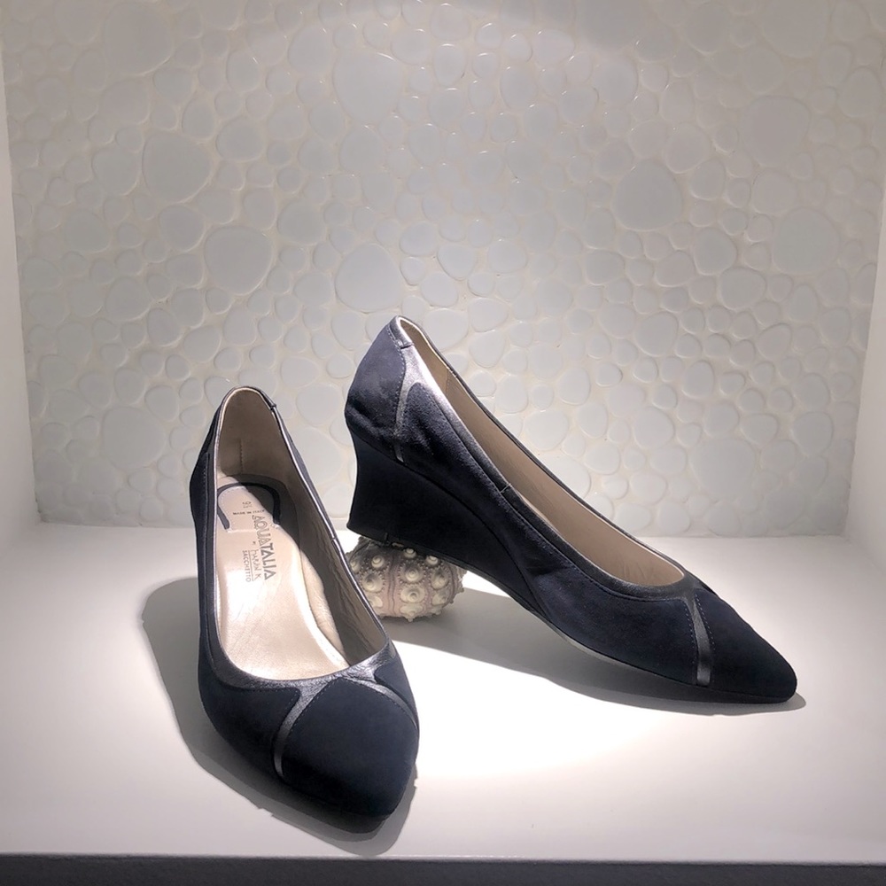 Aquatalia Navy and Silver Trim Suede Wedge Pumps